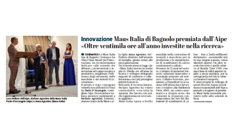 Maus Italia di Bagnolo premiata dall’Aipe
